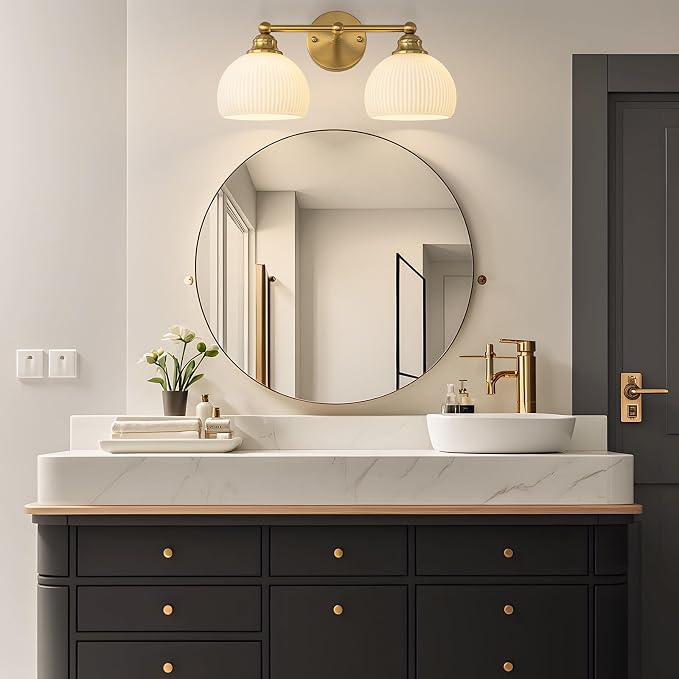 Bathroom Vanity Light Fixtures 2 Light Modern Bathroom Lights over Mirror | Vintage Gold Antique Restroom Light Fixture with Milk White Glass Shade for Bathroom, Bedroom E26 Base