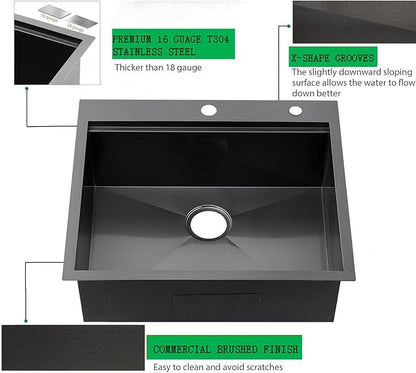 25 Inch Black kitchen Sink Drop in - 25"x22" Topmount Ledge Workstation Kitchen Sinks 16 Gauge Handmade Stainless Steel Single Bowl Sink with All Accessories for Kitchen Laundry Utility