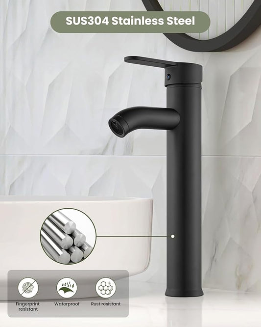 gotonovo Vessel Sink Faucet Modern Tall Bathroom Faucet Single Handle One Hole Stainless Steel Vanity Lavatory Rv Bowl Basin Mixer Tap with Supply Lines and Metal Pop Up Drain, Matte Black