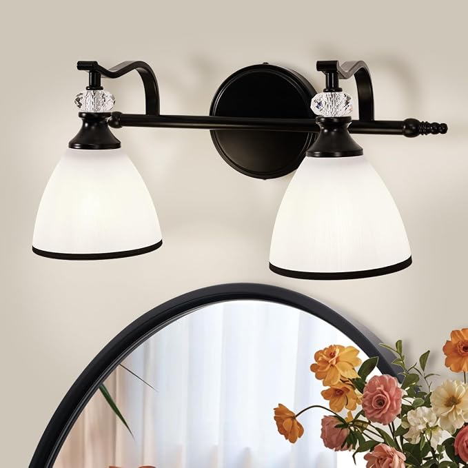 Bathroom Lighting Fixtures Over Mirror, 2-Light Matte Black Vanity Light with Frosted Glass, Anti-Rust Metal Framed Bathroom Wall Lamp Sconces for Mirror Bedroom, Living Room Hallway