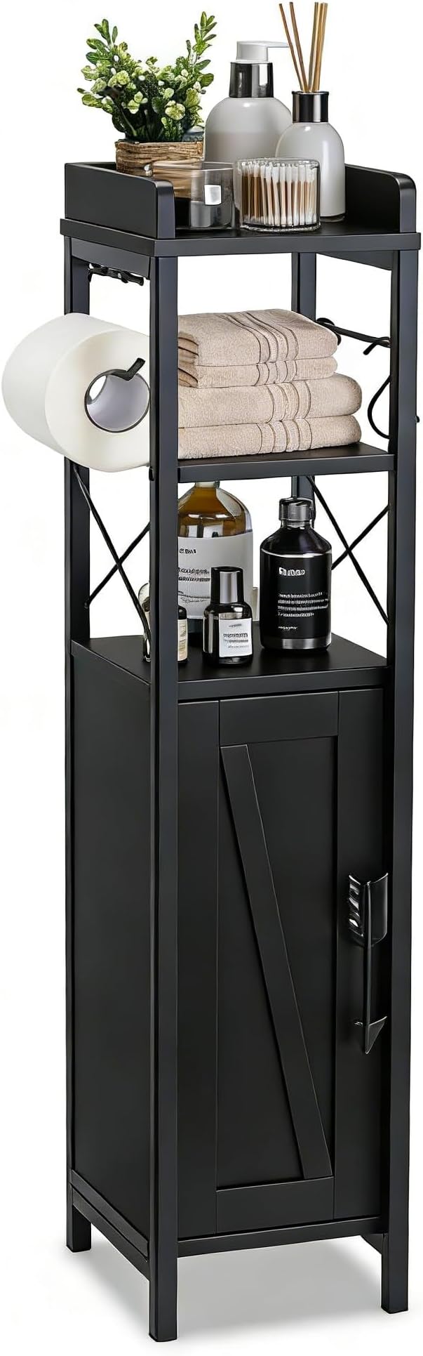 VECELO Small Bathroom Cabinet,Slim Toilet Paper Holder with Door&Metal Scroll, Upgraded Narrow Storage Organizer for Restroom Bathroom Tiny Space,Fenced Top Waterproof Coating,Black
