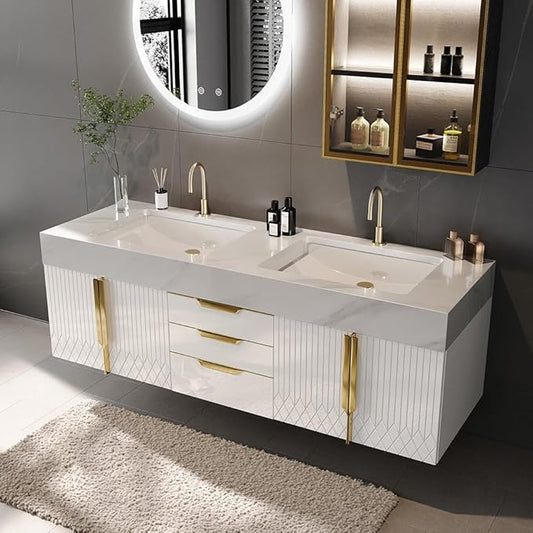 KunMai 59" White Floating Bathroom Vanity with Faux Marble Top, Double Ceramic Vessel Sinks, Wall-Mounted Design, 3 Drawers for Storage, Modern Bathroom Cabinet with Gold Hardware Finish