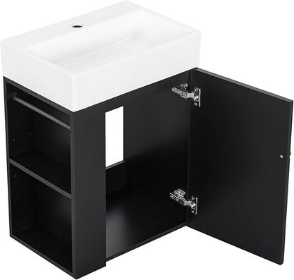 20" Floating Bathroom Vanity with Sink, Soft Closing Door,and Storage Shelves, Solid Wood Frame & MDF Modern Single Small Bathroom Vanity Cabinet with Open Shelf,Wall Mounted Black