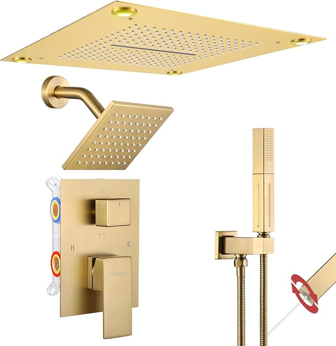 VANFOXLE Shower Faucet Set Brushed Rose Gold Four Modes Shower System,Shower Faucet with 2 in 1 Handheld,Ceiling Mount 16 Inch LED Shower Head(Rain and Waterfall)+6 Inch Shower Head