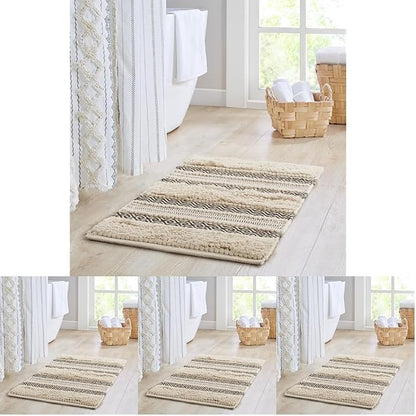 INK+IVY Bath Rug Hand-Woven Texture Shaggy Striped Soft & Water Absorbent, Boho Bathroom Décor Bath-Mats, Non-Slip Absorbent Quick Dry Mats for Tub, Shower Room, Asher, 20x32, Black 1 Piece