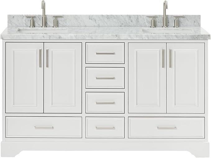 ARIEL Stafford 60-inch Bathroom Vanity with Sink,Solid Wood, 1.5-inch Italian Carrara Marble Countertop, Double Rectangular Porcelain Sink, 4 Soft Closing Doors, 6 Dovetail Drawers, White