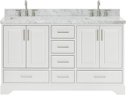 ARIEL Stafford 60-inch Bathroom Vanity with Sink,Solid Wood, 1.5-inch Italian Carrara Marble Countertop, Double Rectangular Porcelain Sink, 4 Soft Closing Doors, 6 Dovetail Drawers, White