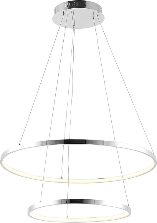 JONATHAN Y 15.75" Chrome 2-Light Modern Integrated LED Pendant Light, Dimmable Round Hoop Chandelier for Kitchen Island, Dining Room, Adjustable Height Metal Hanging Light (JYL7204C)