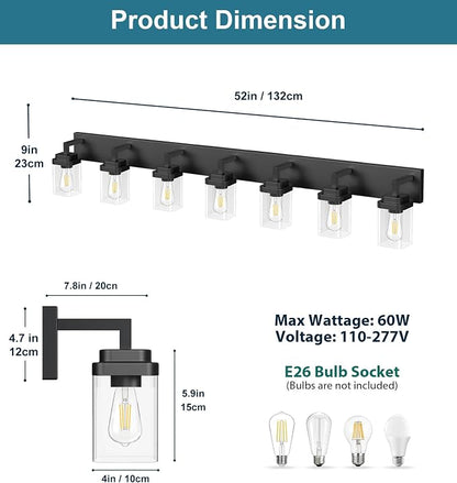Matte Black Bathroom Light Fixtures, Modern Vanity Lights with Clear Glass Lamp Shade, Bathroom Lighting Fixtures Over Mirror, Restroom Vanity Lighting Fixture, 7-Light 52 Inch