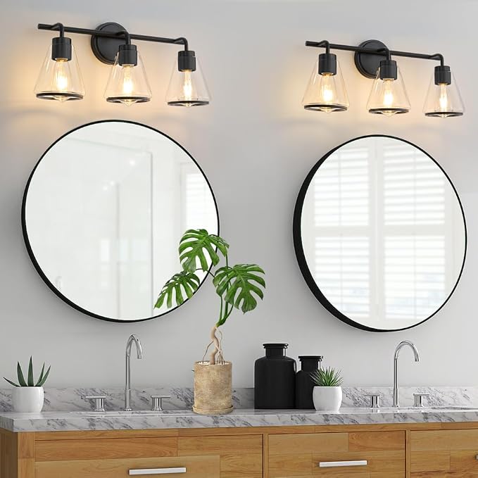 Black Bathroom Vanity Light 3 Lights Bathroom Light Fixtures Over Mirror | Vanity Lighting Fixtures with Clear Glass Shade, 22 inch Modern Vanity Lights for Bathroom, Wall Sconce Lights for Bedroom