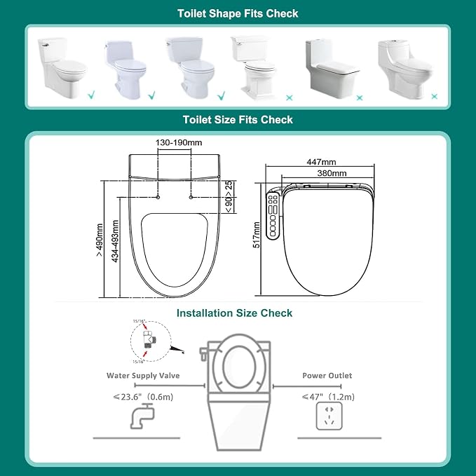 Aquatiz Elongated Smart Toilet Seat, Electronic Heated Toilet Seat, Self-Cleaning Nozzle, Temperature Controlled Wash, Air Dryer, Deodorizer, LED Light, Multi-mode Wash, (Panel Control)