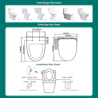 Aquatiz Elongated Smart Toilet Seat, Electronic Heated Toilet Seat, Self-Cleaning Nozzle, Temperature Controlled Wash, Air Dryer, Deodorizer, LED Light, Multi-mode Wash, (Panel Control)