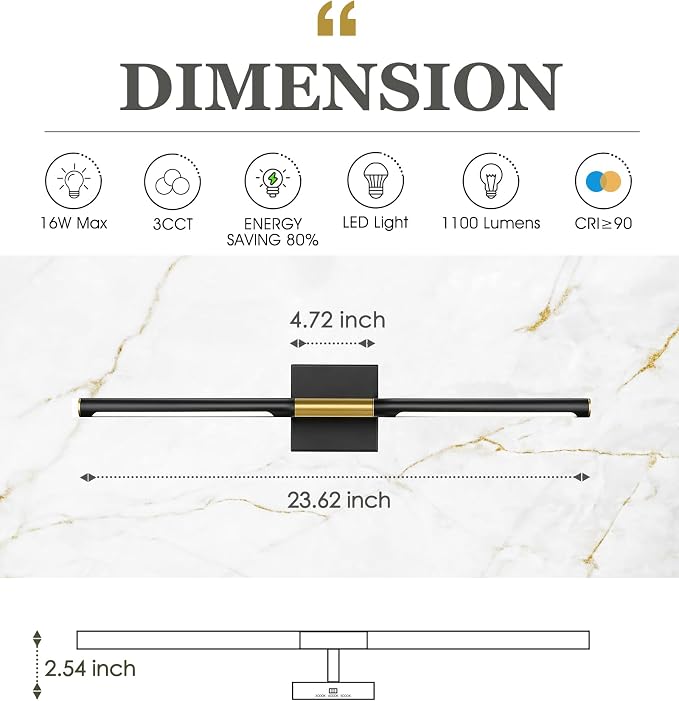 24 Inch Bathroom Light Fixtures, 16W 3CCT Dimmable CRI90 Black and Gold LED Vanity Lighting Fixtures Over Mirror, 360° Rotatable Modern Bathroom Vanity Light Bar, AD-W9465-L60-BK