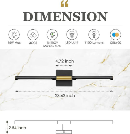 24 Inch Bathroom Light Fixtures, 16W 3CCT Dimmable CRI90 Black and Gold LED Vanity Lighting Fixtures Over Mirror, 360° Rotatable Modern Bathroom Vanity Light Bar, AD-W9465-L60-BK