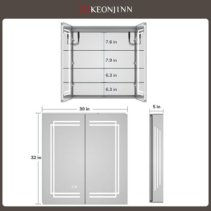 Keonjinn 30 x 32 Inch Lighted Medicine Cabinet with Lights, LED Medicine Cabinet Mirror for Bathroom, Tempered Glass, Adjustable Shelves, No Outlets, 3 Color Temperature, Anti-Fog, Surface Mount Only