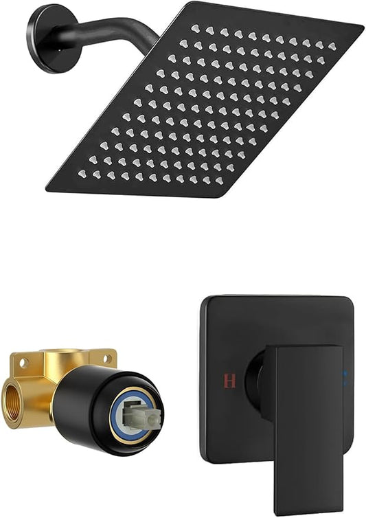 Black Shower Faucet Set, 8 Inch Square Wall Mounted Rainfall Shower Head with Rough-in Valve Body, Modern Bathroom Shower Trim Kit, Stainless Steel Single Function RV Shower System