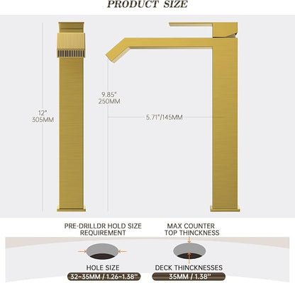 Brushed Gold Bathroom Faucet Brass Vessel Sink Faucet, Square Single Hole Single Handle Waterfall Above Counter Sink Faucet with Metal Pop Up Drain Without Overflow, FH05-BG-V