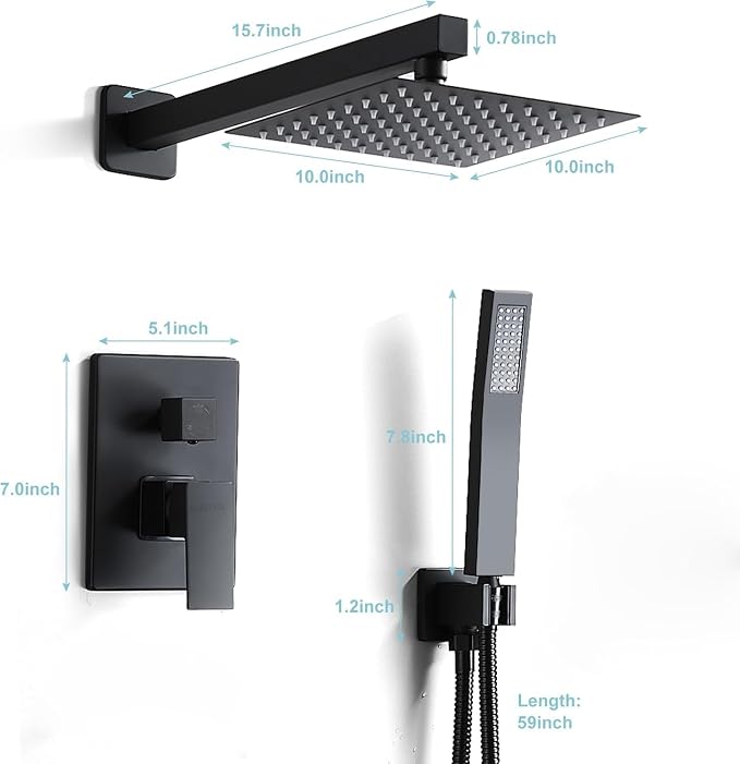 10 Inch Shower Faucet Set, Wall-Mounted Rainfall Shower System with High Pressure Handheld Shower Head, Bathroom Mixer Shower Set Wall Mounted Rough-in Valve and Trim Kit, Matte Black
