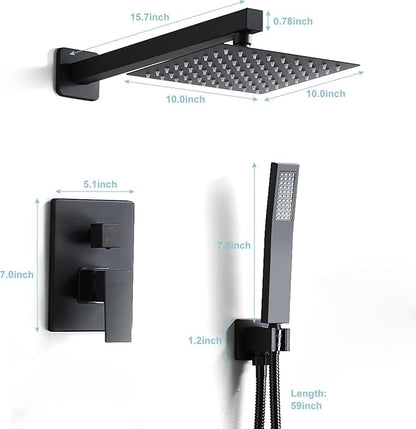 10 Inch Shower Faucet Set, Wall-Mounted Rainfall Shower System with High Pressure Handheld Shower Head, Bathroom Mixer Shower Set Wall Mounted Rough-in Valve and Trim Kit, Matte Black