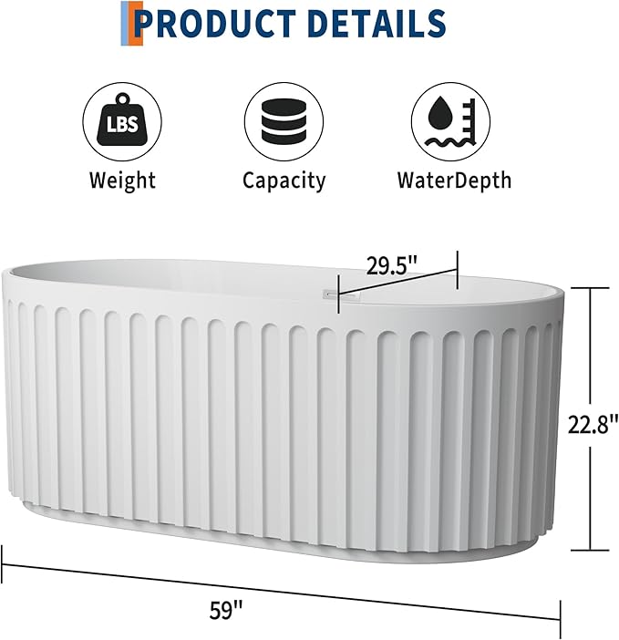 59" Freestanding Bathtub, Acrylic Soaking Tub with V Shape Pleated Design, Chrome Drain & Classic Slotted Overflow, CUPC Certified, Gloss White for Modern Bathroom