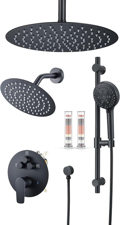Woindo Shower Faucet Set with Slide Bar, 12" Rain Shower Head/8'' Side Shower Head and 10 Setting Handheld Ceiling Mount 3 Push Button Diverter Complete Rainfall Shower System Included Valve Trim Kit