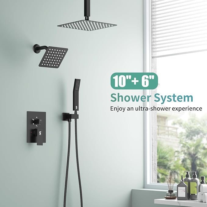 Shower Faucet Set Shower System - SR SUN RISE Matte Black Shower Trim Kit with Dual Shower Head, 10'' Ceiling Rainfall 6'' Wall Mount with Handheld Shower for Couples, Complete 6 Diverter Valve