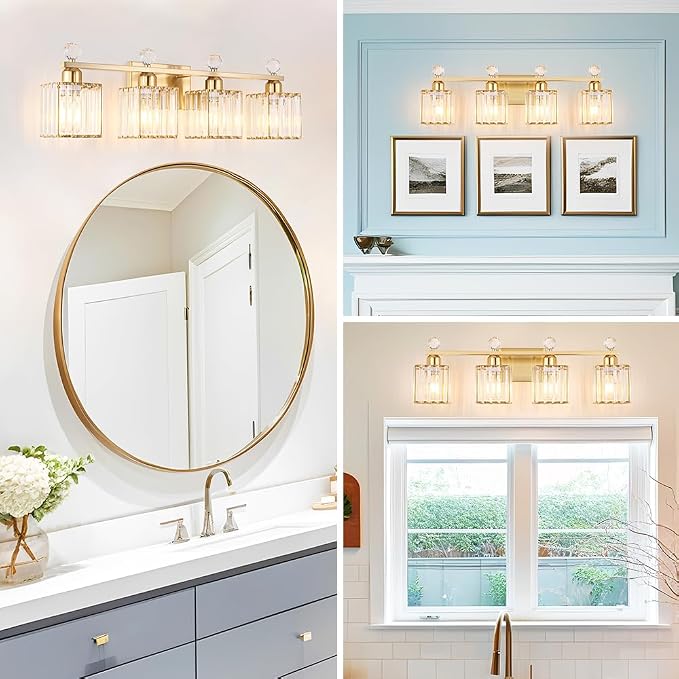 Lxybcce Bathroom Vanity Lights Over Mirror - Easy Installation with Clear Guide, 4-Light Shadow-Free Design, Gold Crystal Finish - for Modern Home Bathroom Lighting Fixtures in DIY Projects