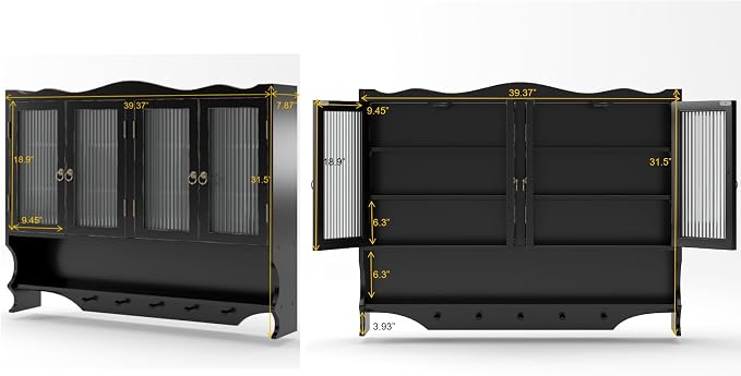 KEIKI 39.37" L Wall Mounted Kitchen Sideboard Cabinet with 4 Glass Door, 5 Hook Rack, 4 Layers Shelves, Retro Storage Buffet Medicine Cabinet for Bathroom, Dining Rooms, Entryway, Solid Wood, Black