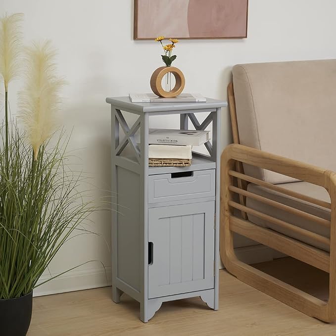 Tall Nightstand with Shelf and Drawer, Narrow End Table with Door for Bathroom Entryway Bedroom Bedroom, Gray | Solid Wood; Fully Assembled; Drawer & Door Storage; Open Shelf; Slim Design; Bathroom Cabinet, Nightstand & Side Table