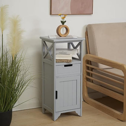 Tall Nightstand with Shelf and Drawer, Narrow End Table with Door for Bathroom Entryway Bedroom Bedroom, Gray | Solid Wood; Fully Assembled; Drawer & Door Storage; Open Shelf; Slim Design; Bathroom Cabinet, Nightstand & Side Table