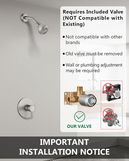 Shower Faucet with Valve, Shower Valve Kit and Head, Single Handle Shower Faucet Set with Rough-In Valve, Shower Trim Kit, Brushed Nickel