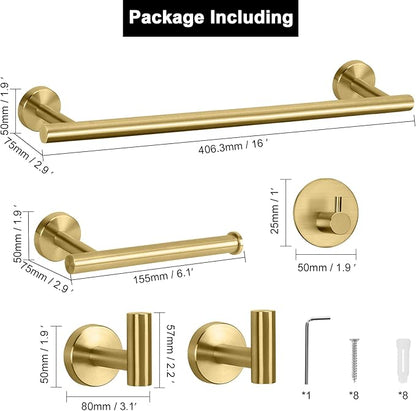 NearMoon Bathroom Hardware Set SUS 304 Thicken Stainless Steel-Towel Bar Set Include 16" Towel Rod, Toilet Paper Holder, Multifunctional Hooks Bathroom Accessories (Brushed Gold, 5 Pcs)