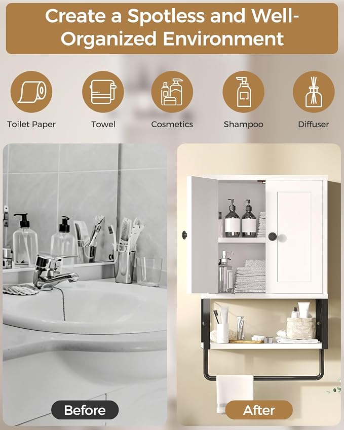 Bathroom Wall Cabinet, White Medicine Cabinet with Towel Rack | 2 Doors & Adjustable Shelves 2 Hooks, above toilet storage cabinet, for Bathroom Laundry Room, Living, Kitchen UXYYG024W