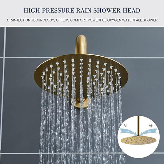 TIPOK Brushed Gold Shower System with 10 Inch Rain Shower Head and Handheld, Gold Shower Faucet Set Has High-Pressure Rain Showerhead and Pressure Balance Golden Brush Brass Valve for Shower Fixtures