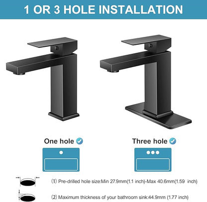 Bathroom Faucet 1 Hole Black Single Hole Bathroom Faucet Single Handle Faucet for Bathroom Sink Vanity RV (with Pop-up Drain and Deck) Suitable for 1 Hole or 3 Hole