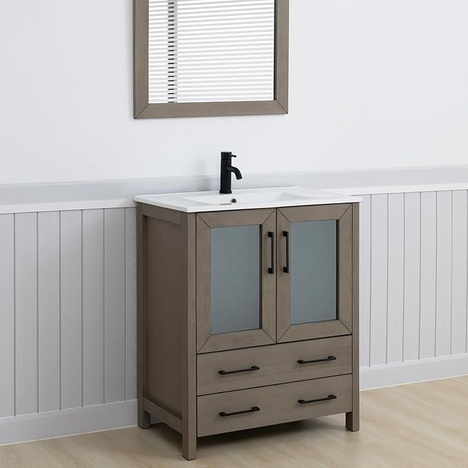 Vanity Art 30" Single Sink Bathroom Vanity with 1 Mirror, Ceramic Top Cabinet Compact Set with 2 Dovetail Storage Drawers and Matte Black Handles, Dark Grey, VA3030-DG