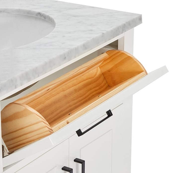 ARIEL Hepburn 66-inch Bathroom Vanity with Sink,Solid Wood, 0.75-inch Italian Carrara Marble Countertop & Backsplash, Double Oval Porcelain Sink, 4 Soft Closing Doors, 6 Dovetail Drawers, White