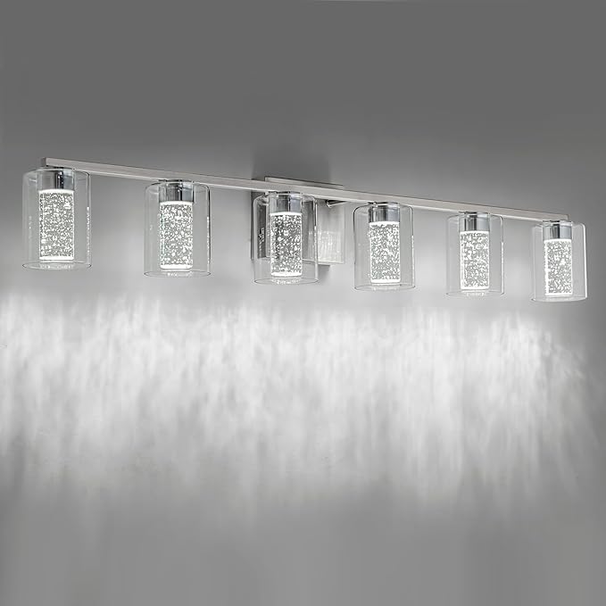 SineRise 6-Light Brushed Nickel Vanity Light with 3 Color Modes (3000K/4000K/6000K), Eye Protection LED Bathroom Light Fixture, Dimmable Modern Wall Light Over Mirror with Clear Glass Shade