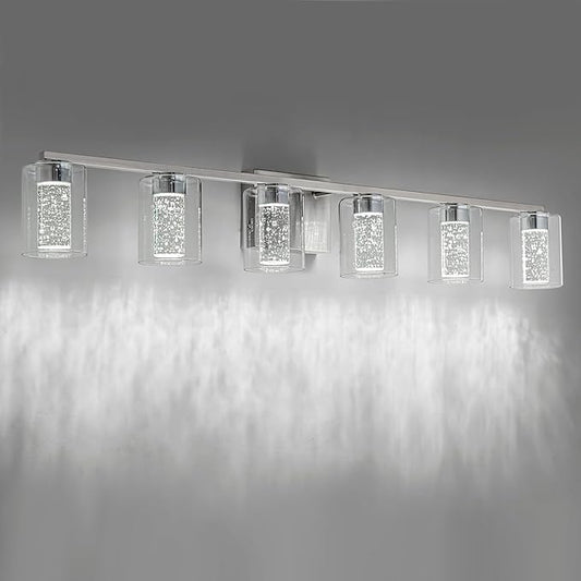 SineRise 6-Light Brushed Nickel Vanity Light with 3 Color Modes (3000K/4000K/6000K), Eye Protection LED Bathroom Light Fixture, Dimmable Modern Wall Light Over Mirror with Clear Glass Shade