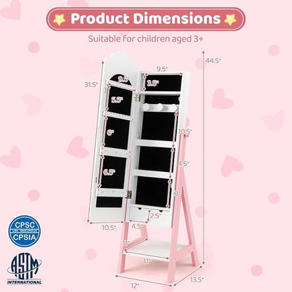 CHARMAID Kids Jewelry Organizer with Full Length Mirror, Standing Jewelry Armoire with Drawers and Storage Shelves, Kids Dress Up Mirror Jewelry Cabinet for Girls Gift (White)