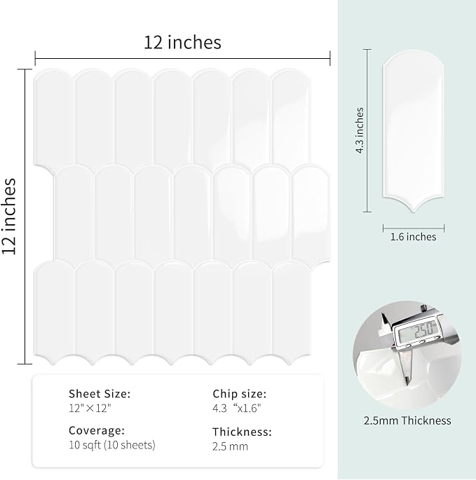10-Sheet Upgraded Thicker Peel and Stick Kitchen Backsplash Tiles | Waterproof Self-Adhesive Vinyl Wall Tile Stick on Backsplash for Kitchen,Bathroom,Fireplace and RV(White,12"×12")