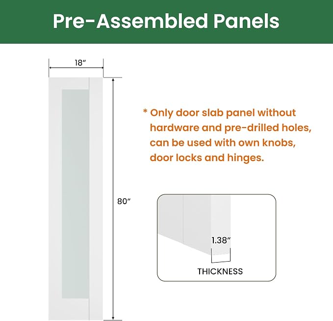 SMARTSTANDARD 18" x 80" Slab Door, Solid Core Frosted Glass Pantry Door | Pre-Assembled Interior Door without Hardware Kit for Pantry, Pocket, White Primed, Paintable Surface