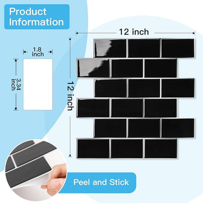 Art3d 10-Pack Subway Peel and Stick Backsplash, Black with Silver Grout | 12 x 12 Inch, Thickened Design, No Warping, Durable, Self-Adhesive, for Kitchen, Bedroom Decor, Ideal for New Home Buyers