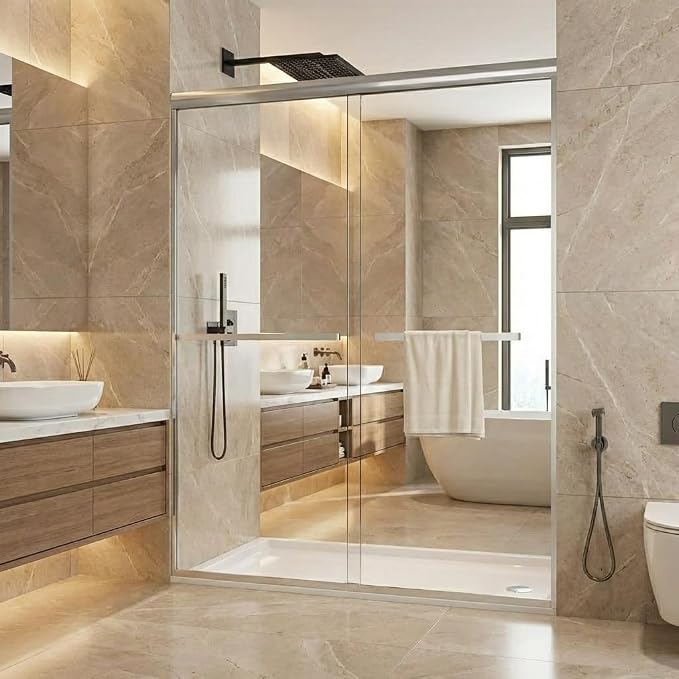Glass Shower Door 44–48 Inch W × 72 Inch H, Double Sliding Shower Door with 6mm Tempered Glass, Brushed Aluminum Shower Glass Door with Easy-Clean Coating
