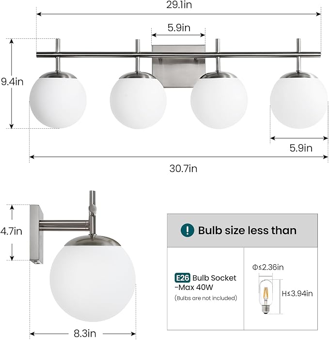 AIJIASI Bathroom Vanity Light, 4-Light Brushed Nickel Vanity Lights, 30.7 Inch Modern Bathroom Light Fixtures with Milky White Glass Globe Shade, Vanity Lighting Fixtures Over Mirror Wall Sconce