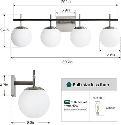AIJIASI Bathroom Vanity Light, 4-Light Brushed Nickel Vanity Lights, 30.7 Inch Modern Bathroom Light Fixtures with Milky White Glass Globe Shade, Vanity Lighting Fixtures Over Mirror Wall Sconce
