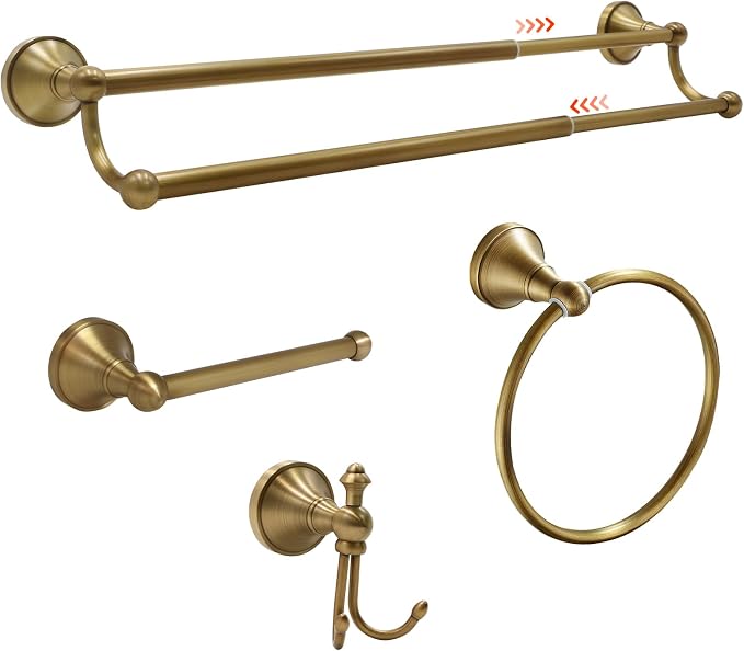 4 Piece Antique Brass Bathroom Accessories Set - 16"-27.7" Solid Brass Towel Rack, Double Vintage Towel Bar - Wall Mounted Antique Gold Bathroom Hardware