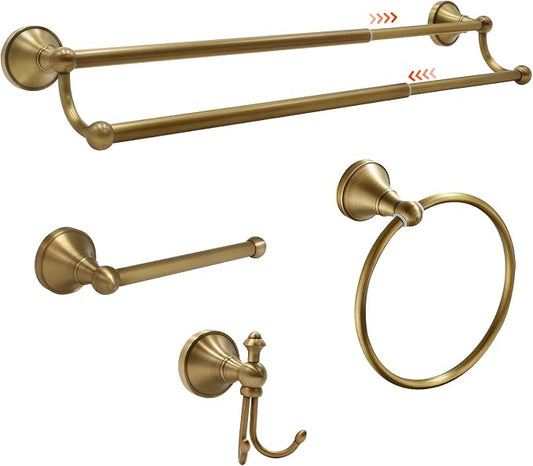 4 Piece Antique Brass Bathroom Accessories Set - 16"-27.7" Solid Brass Towel Rack, Double Vintage Towel Bar - Wall Mounted Antique Gold Bathroom Hardware