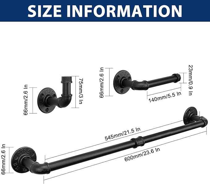 NearMoon 5-Pieces Industrial Pipe Bathroom Hardware Set, Include Towel Bar, Toilet Paper Holder and 3 Robe Hooks, Heavy Duty DIY Style Wall Mounted Rustic Decor Accessories Kit (Black, 24 Inch)
