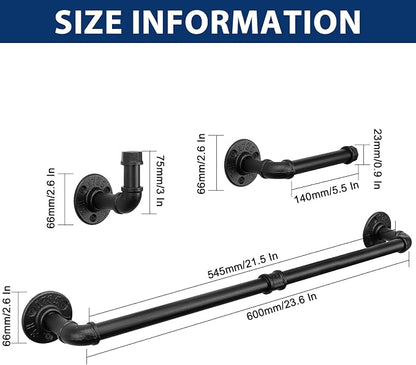 NearMoon 5-Pieces Industrial Pipe Bathroom Hardware Set, Include Towel Bar, Toilet Paper Holder and 3 Robe Hooks, Heavy Duty DIY Style Wall Mounted Rustic Decor Accessories Kit (Black, 24 Inch)